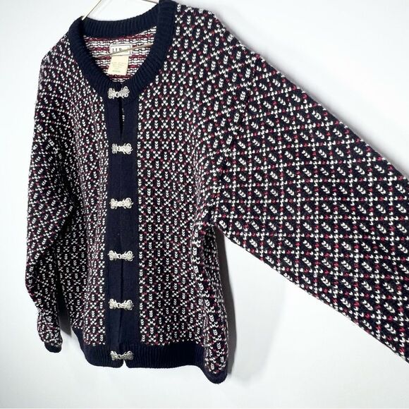 VTG 90s L.L. Bean Wool Blend Nordic Birdseye Silver Clasp Cardigan Sweater M - Picture 3 of 14